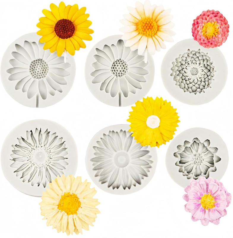 6 PCS Daisy Flower Silicone Mold,3D Daisy Sunflower Flower Fondant Chocolate Cak