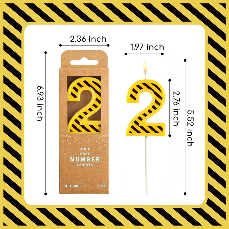 2.76 Inch Number 2 Construction Birthday Candles, Yellow and White Stripes gallery