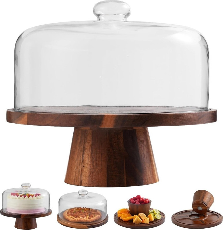 Acacia Wood Cake Stand w/ Glass Dome, Round 11in x 10in, Detachable