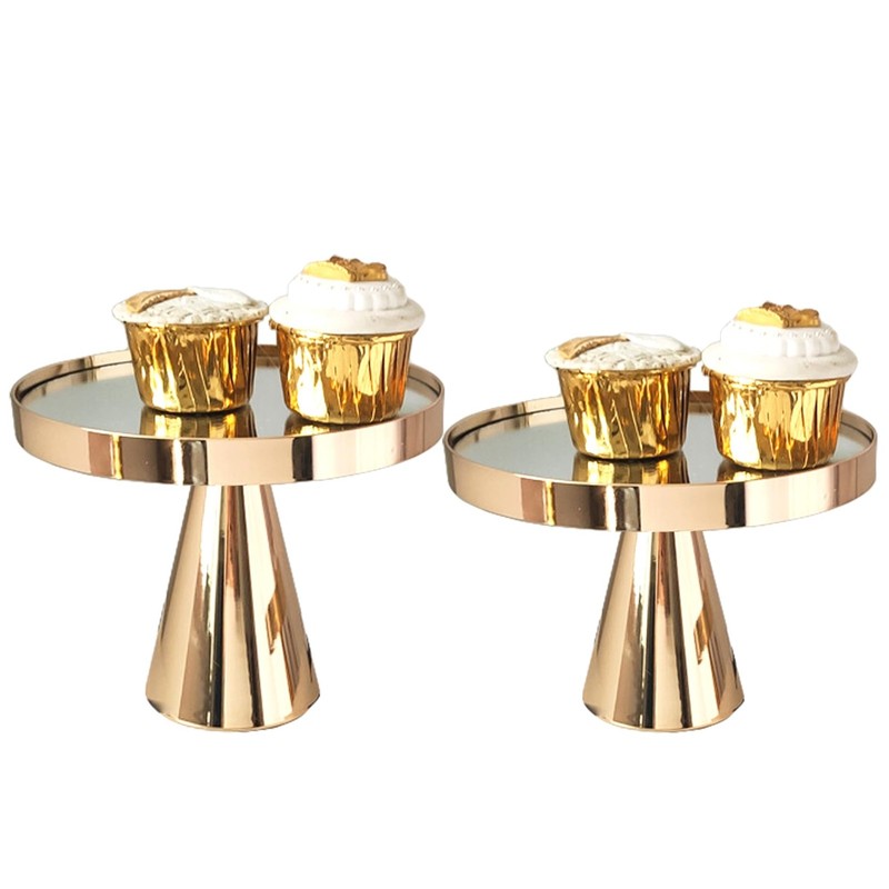 2pcs 8 Inch Round Metal Cake Display Stand with Mirror Top Plate, Gold Fondan…