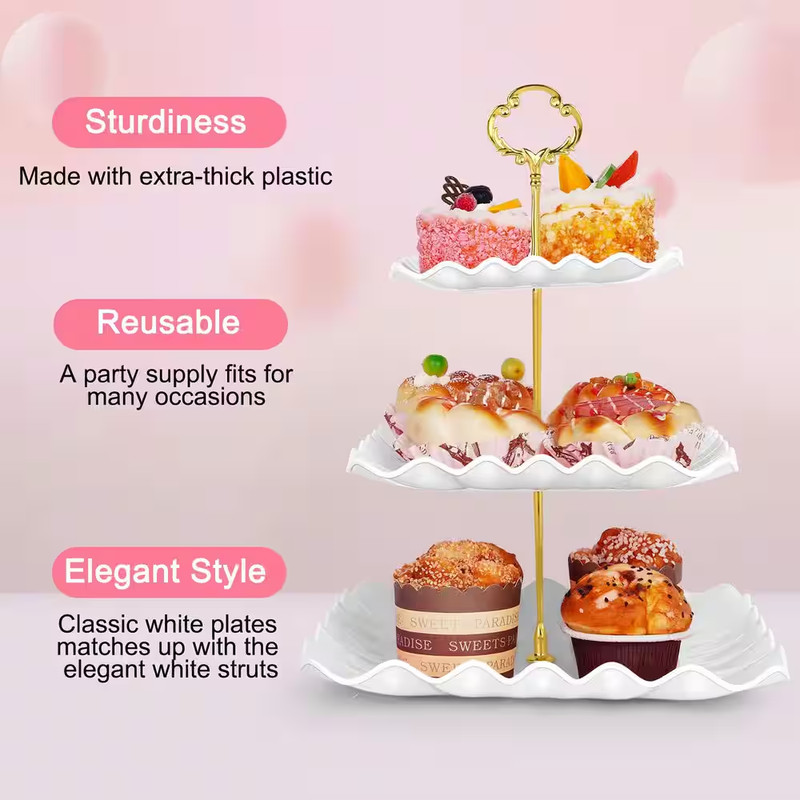 3-Tier White Dessert Display Cake Stand with Serving Tray for Tea Parties, Birth gallery