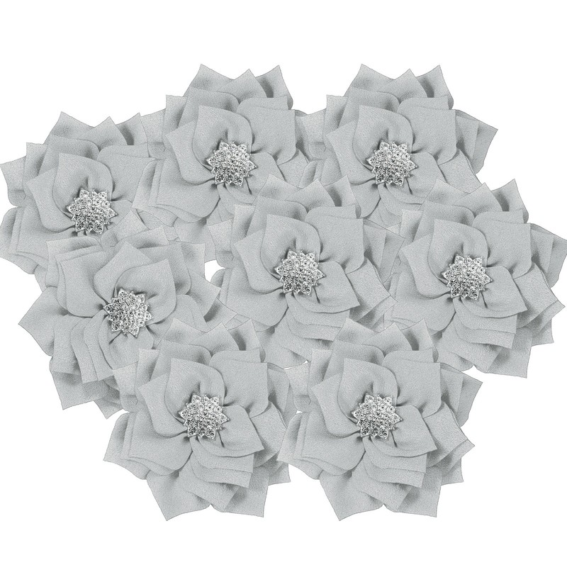 3 Inch 10 Pcs Rhinestone Pearl Chiffon Flower, Silver
