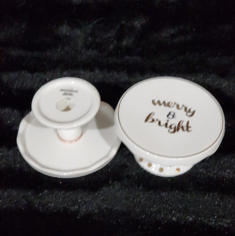 2 Grace Teaware MERRY & BRIGHT White w Gold Dots 4" Cupcake Pedestal Stand RARE gallery