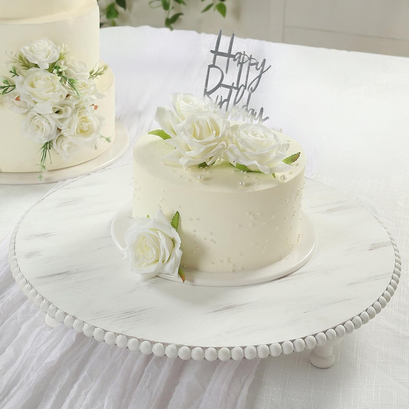 16" Antique White Beaded Wooden Cake Stand - Rustic Farmhouse Pedestal Riser for gallery