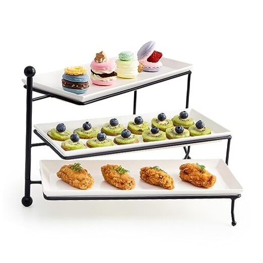 3 Tiered Serving Stand, Foldable Rectangular Food Display Stand with White