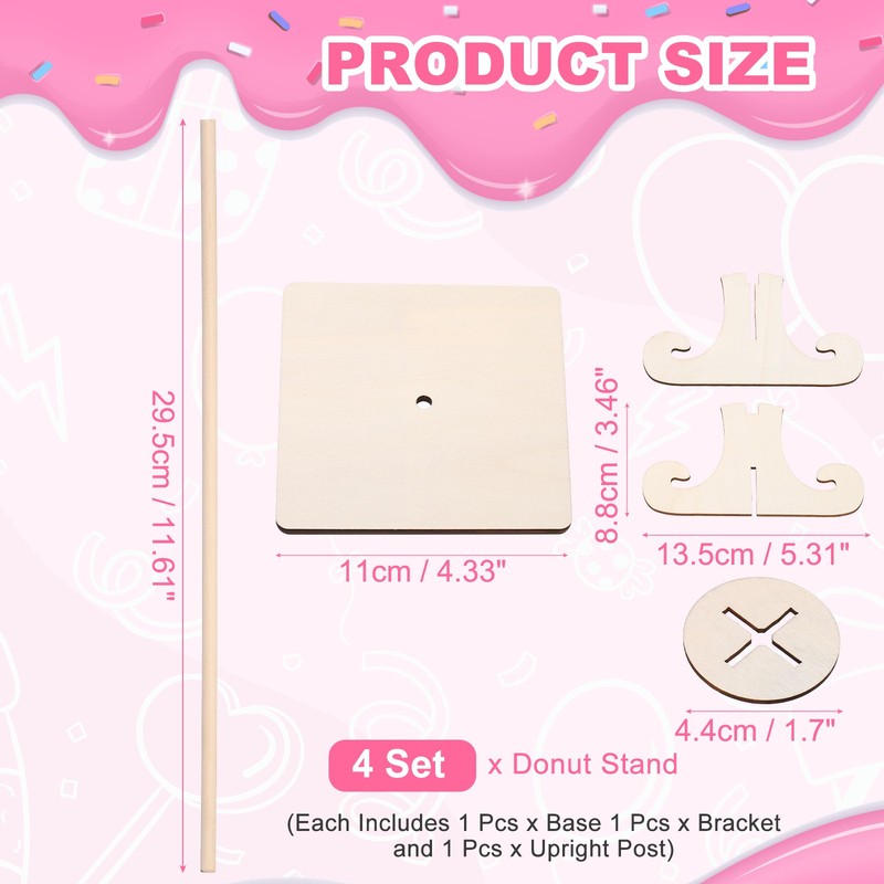 4 Pcs Wood Donut Stands Rounded Square with Bracket for Dessert Table, Natural gallery