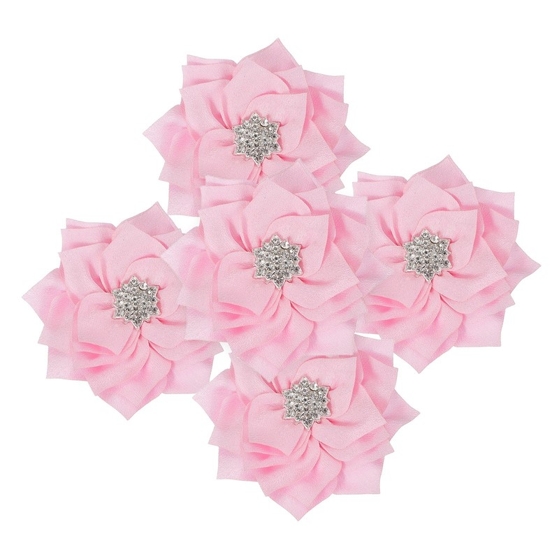 3 Inch 5 Pcs Rhinestone Pearl Chiffon Flower, Light Pink
