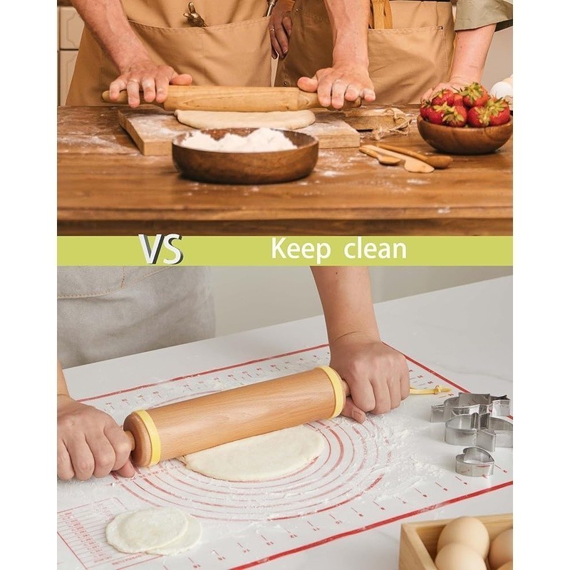 Large Beech Wood Rolling Pin W/ Adjustable Thickness Rings & Silicone Mat New gallery