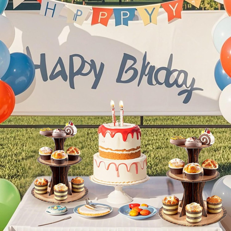 Rustic Woodland Cupcake Stand Set, 2 Pack 3-Tier Dessert Tower for Safari Birthd gallery