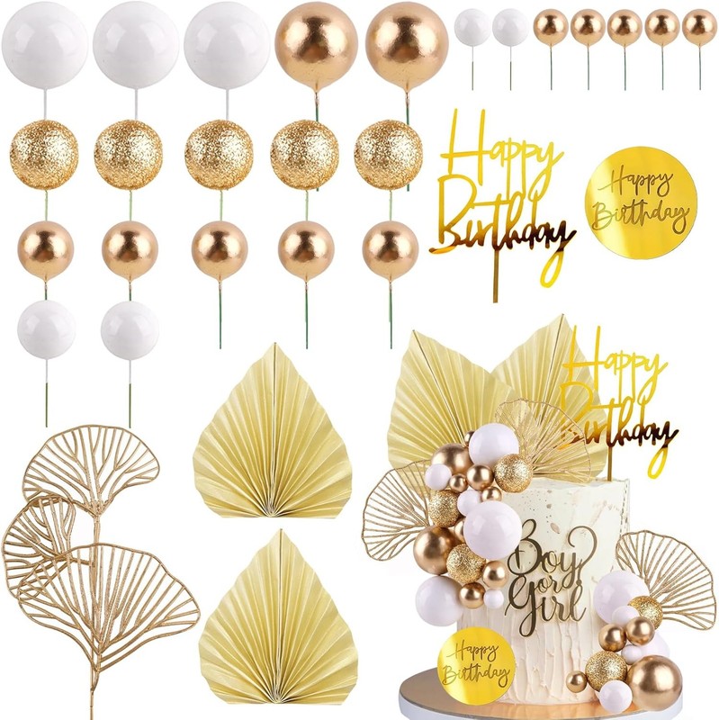 White Gold Balls Cake Toppers Champagne Rose Cake Decoration with Gold Palm