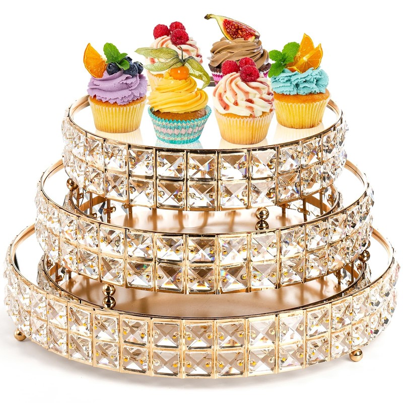 3 Pack Crystal Cake Display Stand with Mirror, 14″ 12″ 10″ Metal Pedestal Gol…