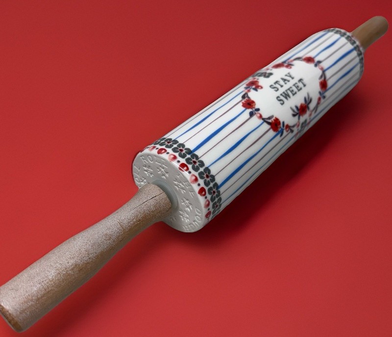 ANTHROPOLOGIE Handpainted Lucerne Rolling Pin Stay Sweet Floral White Blue