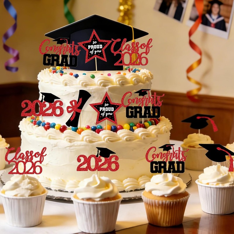 48 PCS Graduation Cupcake Toppers, Glittery 6 Styles Congrats Grad Cake Topper, gallery
