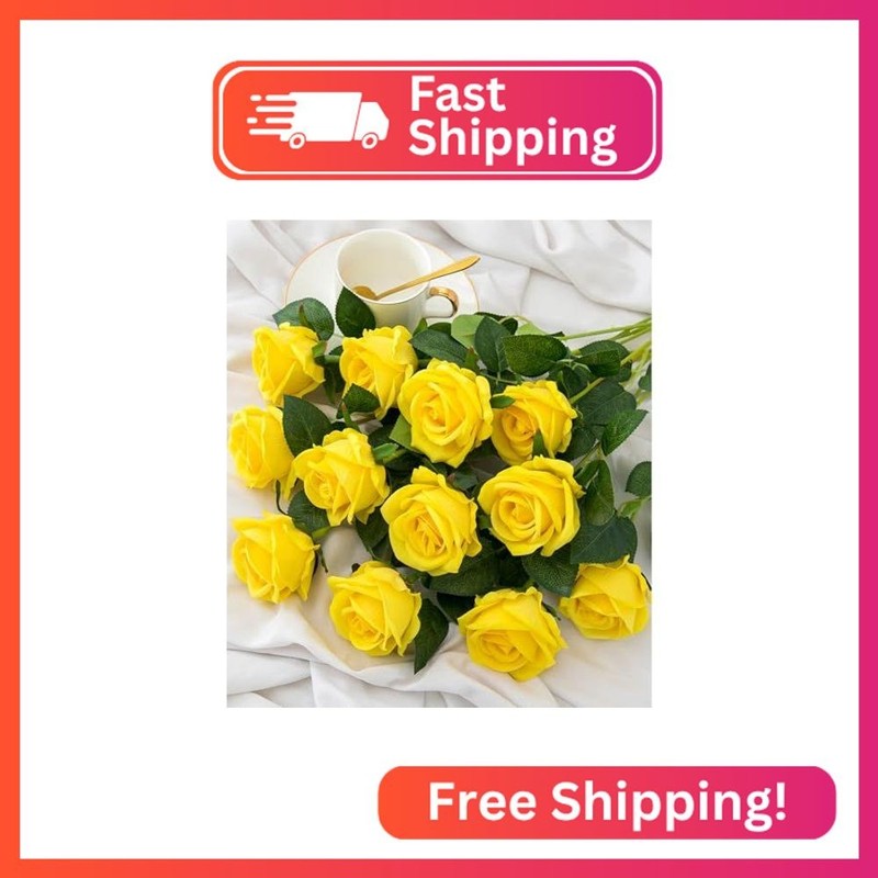 Hawesome 12PCS Artificial Flowers Fake Roses, Realistic Velvet Long Stem Red Ros