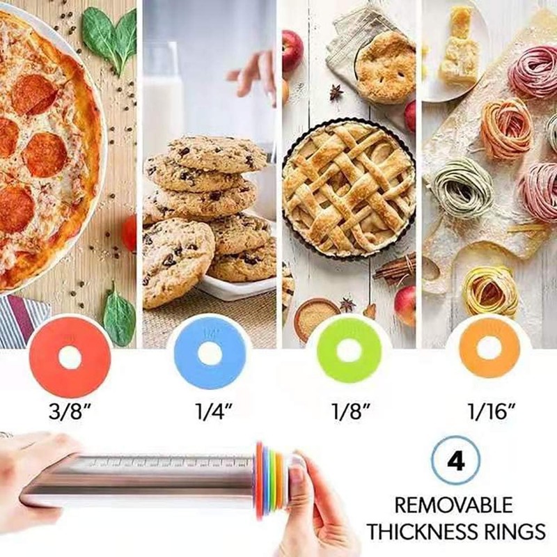 Adjustable Rolling Pin with Thickness Rings for Baking,17" 17.12, Silver gallery