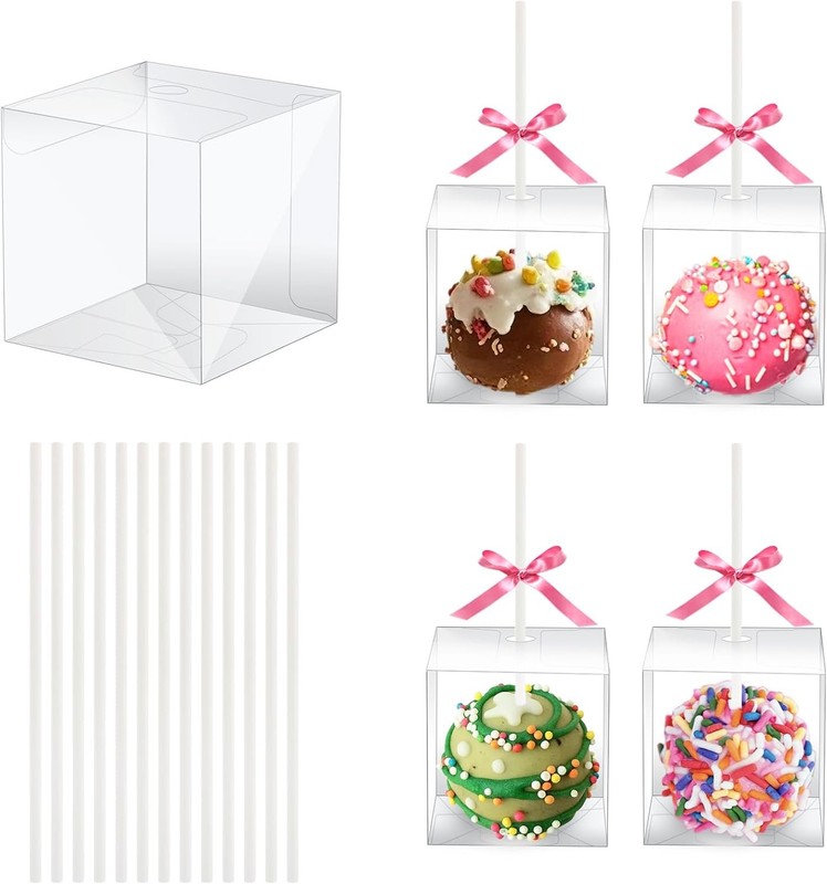 50 Set Cake Pop Boxes with Paper Sticks, Clear Treat Container and Wrap Kit |