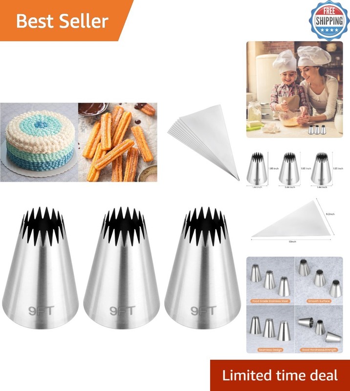 3Pcs Churro Piping Bags & Stainless Steel Tips Set – Perfect for Cake Decorating