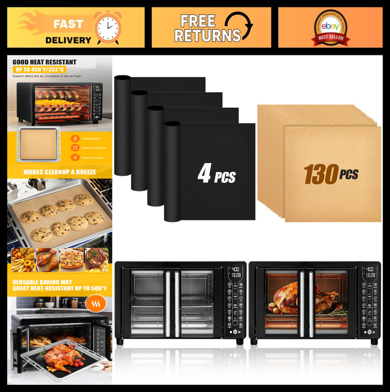 130PC Parchment Paper Liners & 4PC Reusable Teflon Baking Mats for Air Fryer, No