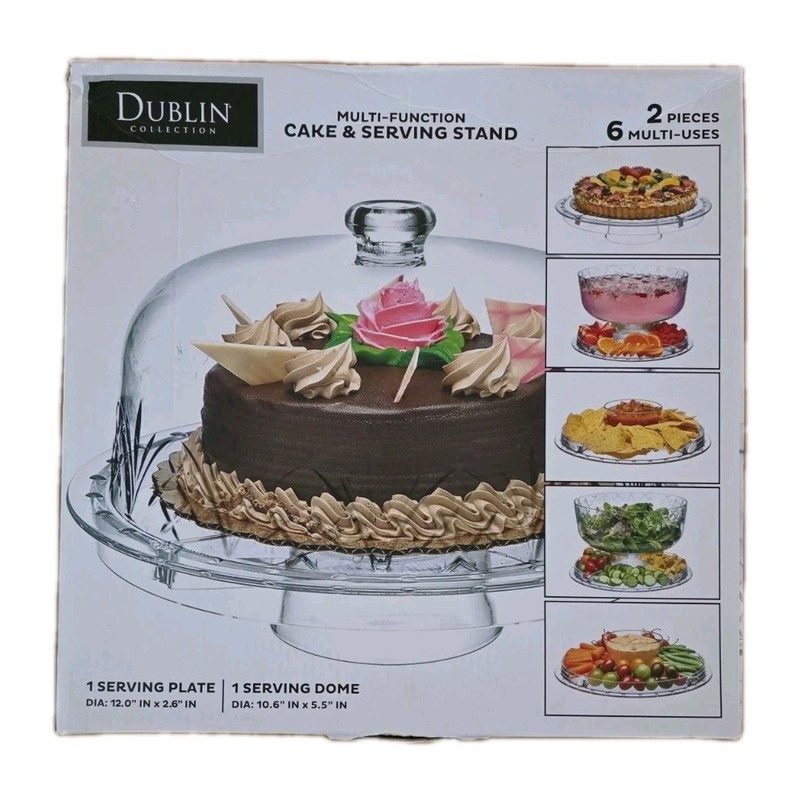 Godinger 6 in 1 Cake Stand and Serving Plate Platter with Dome Cover, NIB NEW