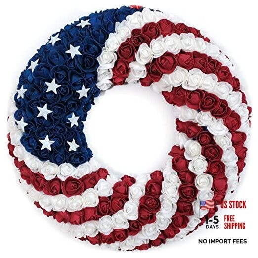 18Inch Patriotic Roses Wreath, 4th of July Summer Soft Touch Foam 18″ Round