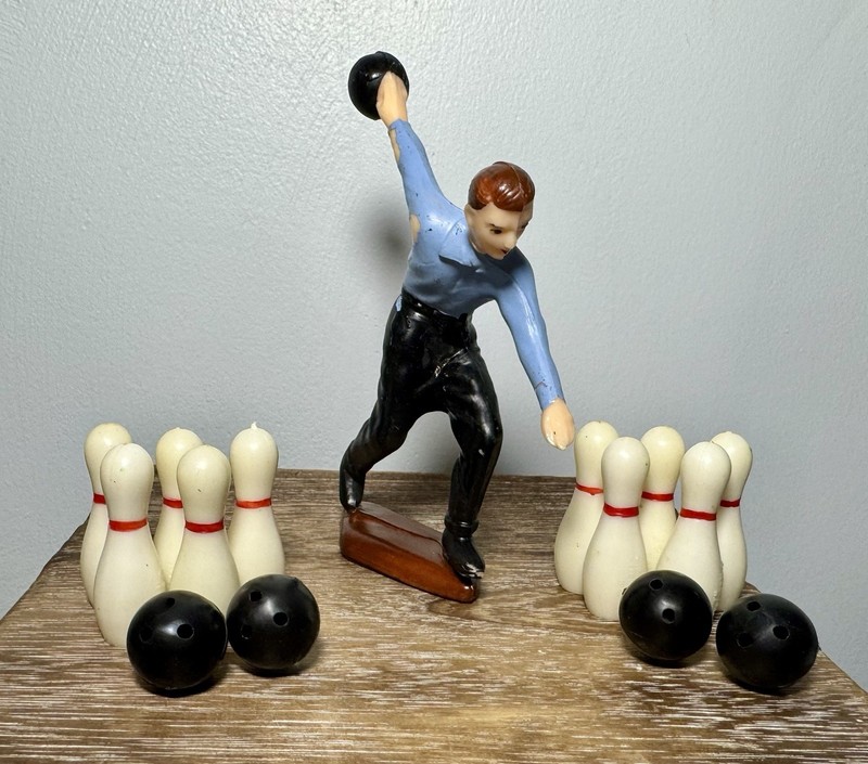 Vintage Wilton Bowling Cake Topper Set with Male Bowler, 10 Pins, and 4 Balls