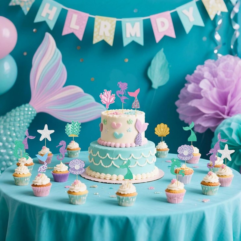48 Pcs Mermaid Tail Cupcake Toppers Under The Sea Cake Decorations Birthday gallery