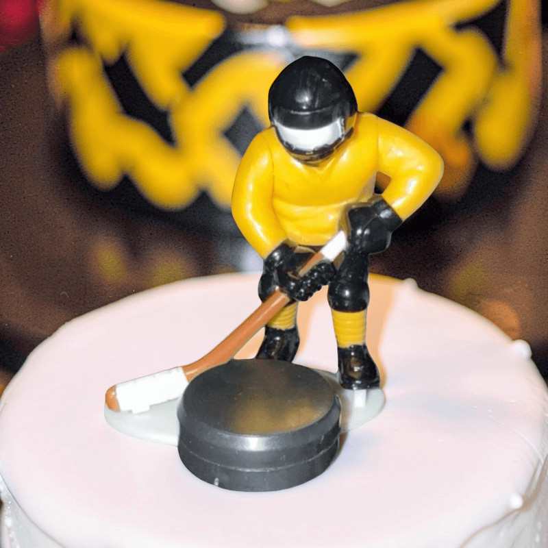 Kids Hockey Forward Figure Black Yellow Uniform Player & Puck Cake Toppers B23