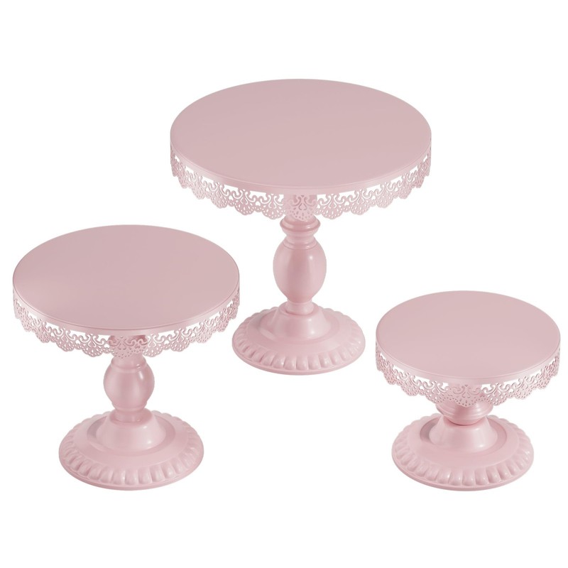 3 PCS Pink Cake Stands (8″&10″&12″ Plate), Cupcake Stand with a lace Hollow B…