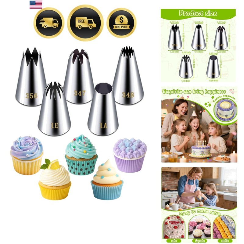 Large Piping Tips Set, Stainless Steel | 5 Pieces, 1A 1E 348 347 356
