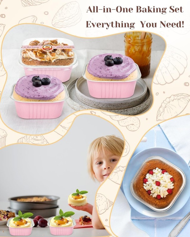 60 Pack 10oz Mini Cake Pans with Lids, Spoons, Stickers - Disposable Square B... gallery