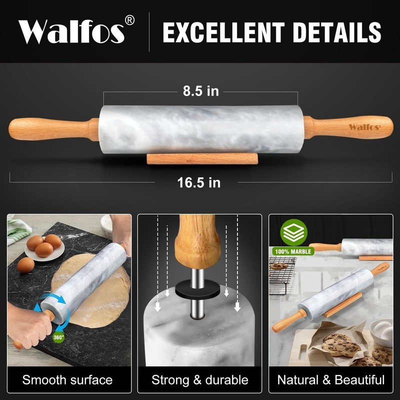 Marble Rolling Pin With Wooden Handles & Wood Cradle, 16.5 Inch Marble Rollin... gallery