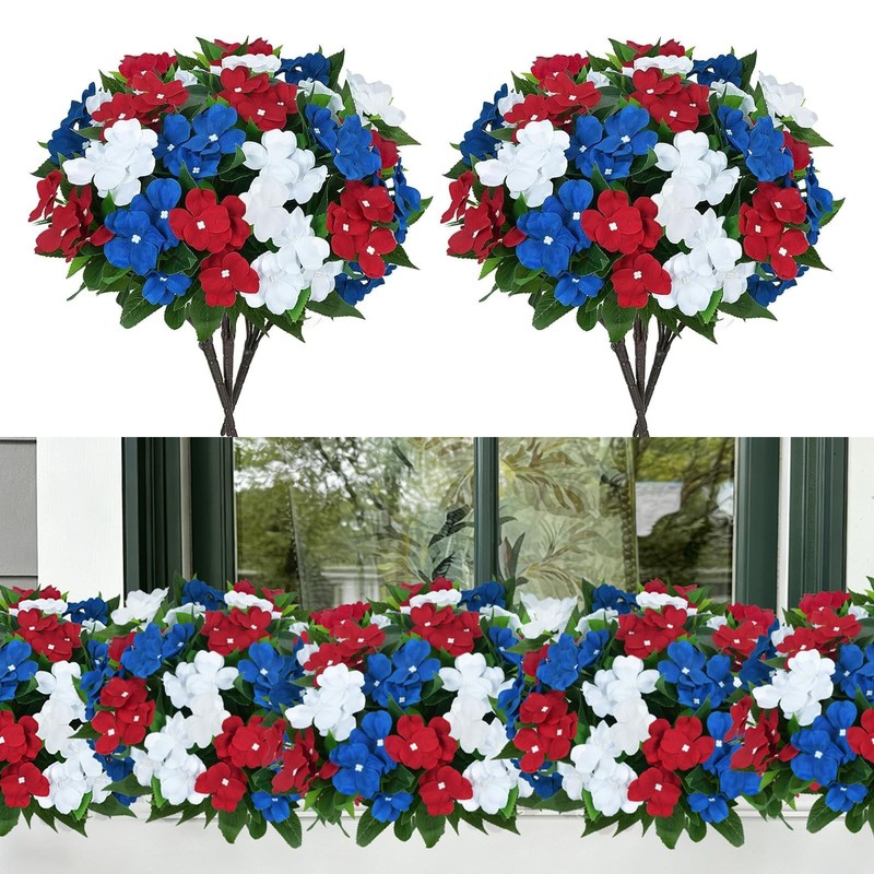 Mhmjon 6 Bundles Red White Blue Artificial Outdoor Flowers Silk Patriotic