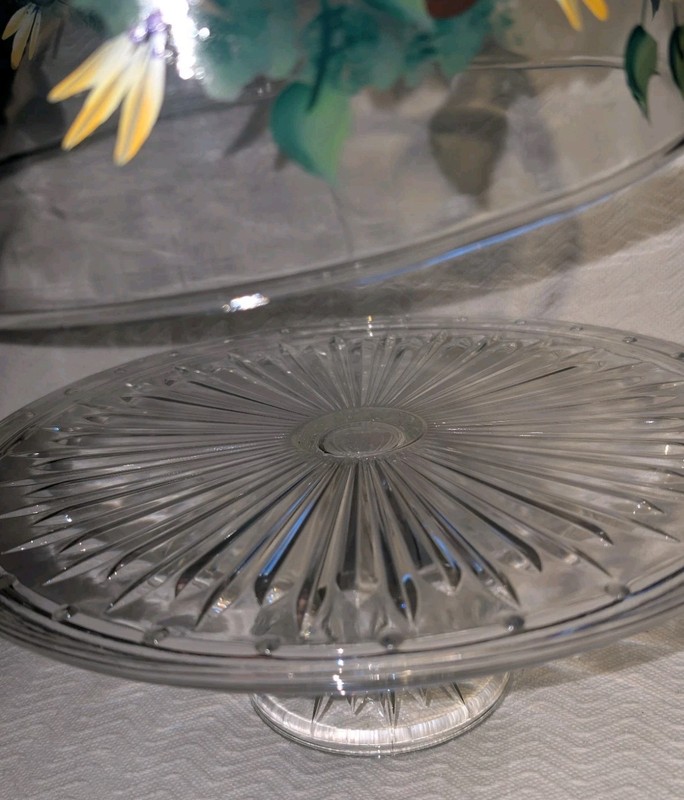 Cake Pedestal Glass Dome Covered Stand Hand Painted Floral Signed 11"W OOAK gallery
