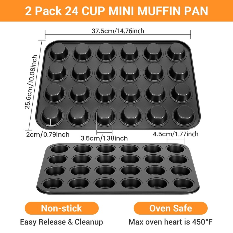 WESIRI 2 Pack Mini Muffin Pan Nonstick 24 Cup, 14.8x10.1x0.9", Gray/Black gallery