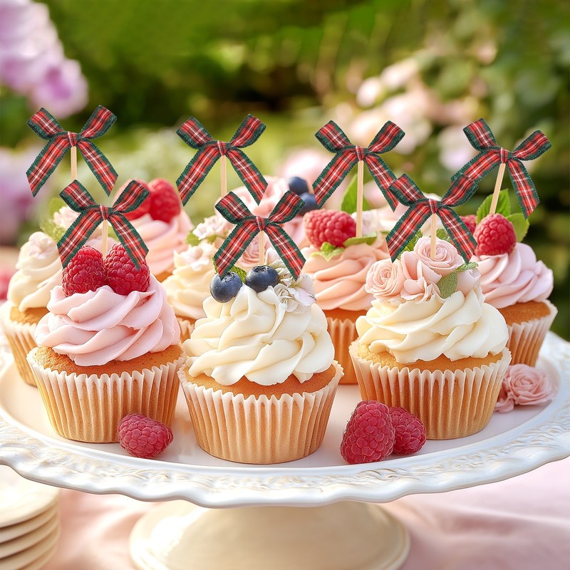 60Pcs Bow Cupcake Toppers, Ribbon Bow Cake Toppers for Cake Decor[Red and Green] gallery