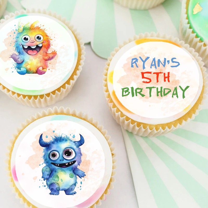 Cute Monsters Pre-cut Edible icing Cupcake or Cookie Toppers