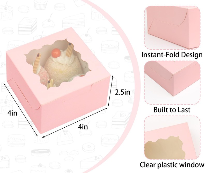 TryDrem 50Pcs 4x4x2.5 Pink Cookie Boxes, Bakery Boxes for Baked Goods, Cookie... gallery