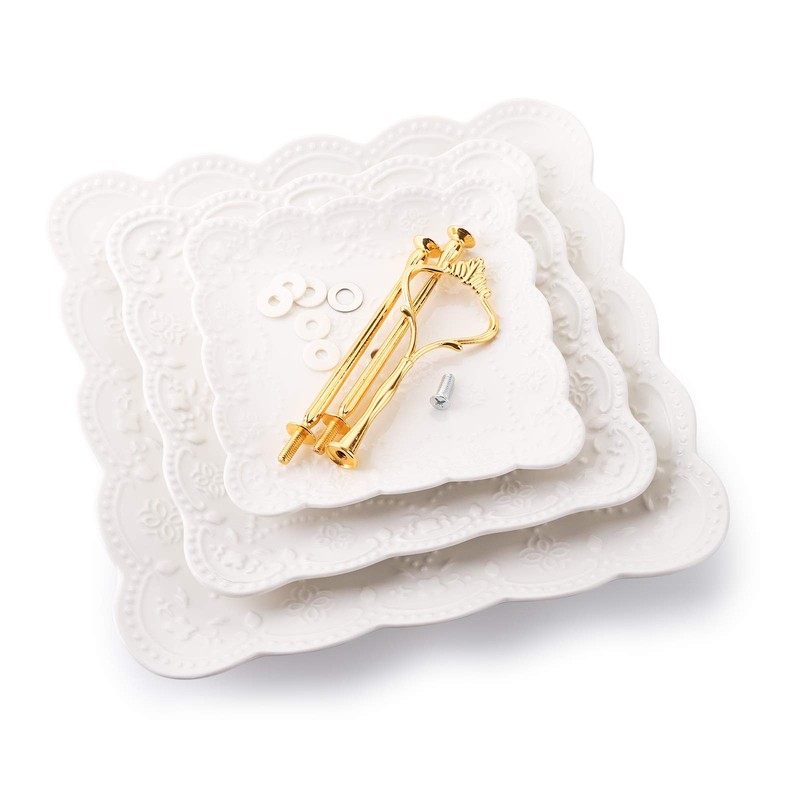 2 Pack 3-Tier White Ceramic Embossed Dessert Cake Tower Stand with Gold Carry... gallery