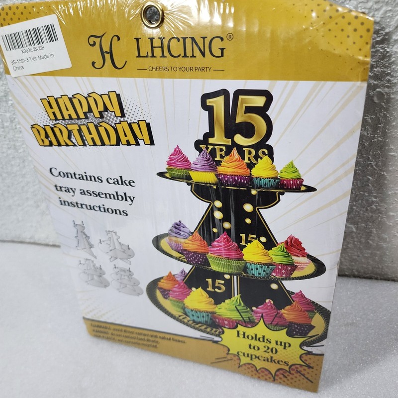 Happy 15th Birthday 3-Tier Cardboard Tower Round Cupcake Stand Decorations,Black gallery
