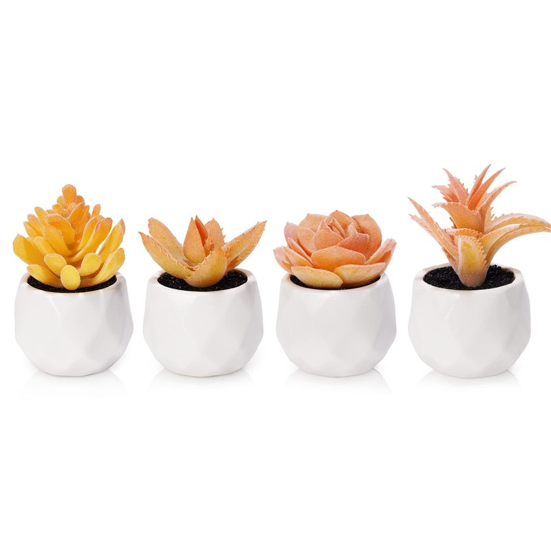 Tiita Artificial Faux Succulents in Pots, Mini Orange Fake Plants for Women D…