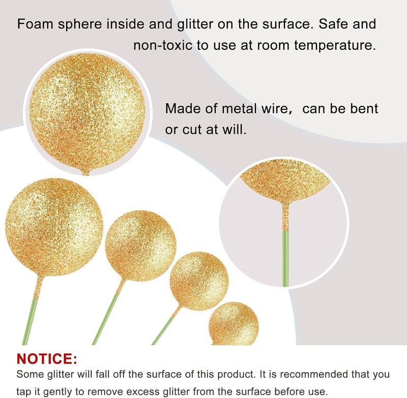 20 Pcs Mini Balloons Cake Topper Sticks - Glitter Gold Ball Picks for Christmas gallery