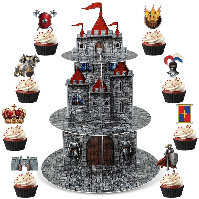 3 Tier Medieval Castle Cupcake Stand Decor with 24 Cake Toppers Knight Birthd…