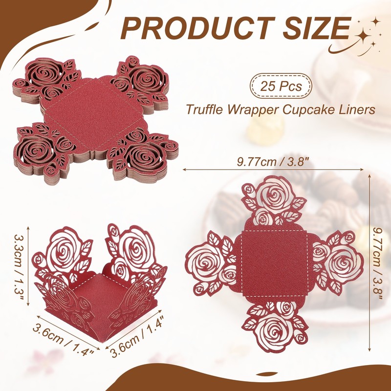 25Pcs 1.4x1.4" Rose Shape Truffle Wrapper Cupcake Liners for Decor, Red gallery