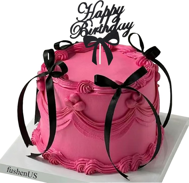 Black Bows for Cake, 12 PCS Black Vintage Ribbon Bow Cake Topper with 1PC Happy gallery