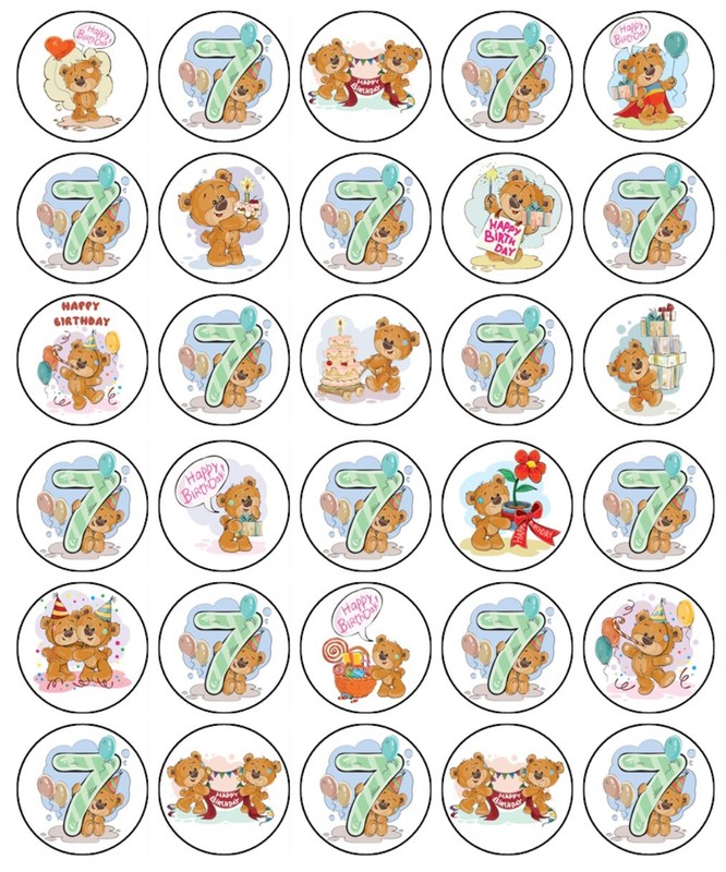 Teddy Bear 7th Birthday Edible Cupcake Toppers Wafer Cake Decoration (2 Designs)