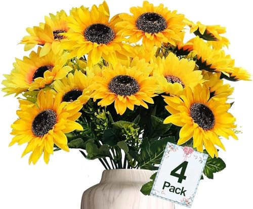 28Pcs Sunflowers Artificial Flowers Bulk Spring Summer Decor, 4 Pack Fake