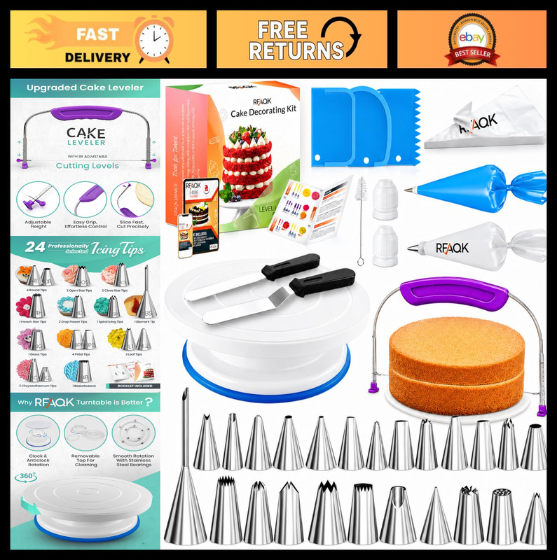 90PC Cake Decorating Kit – Leveler, Turntable, 24 Icing Tips, Piping Bags & More