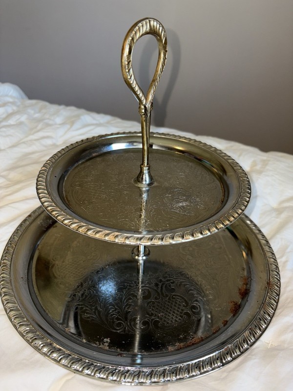 Silver Metal Two-Tier Round Cake Stand Glossy Antique Ornate Disassemble gallery