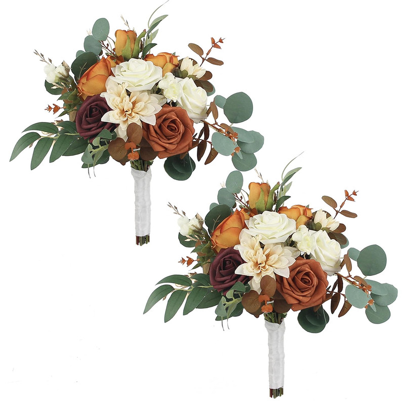 Rinlong Set Of 2 Fall Wedding Bouquets For Bridesmaids Burnt Orange Terracotta