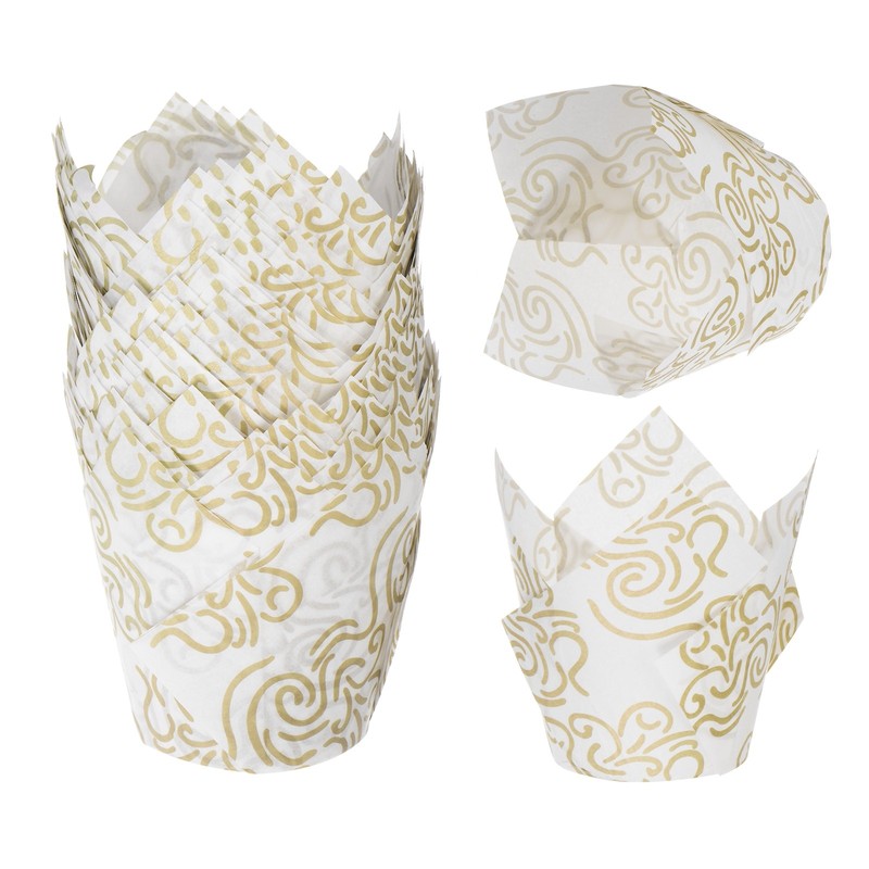 50 PCS Tulip Baking Cups Cupcake Muffins Liners Paper White/Gold
